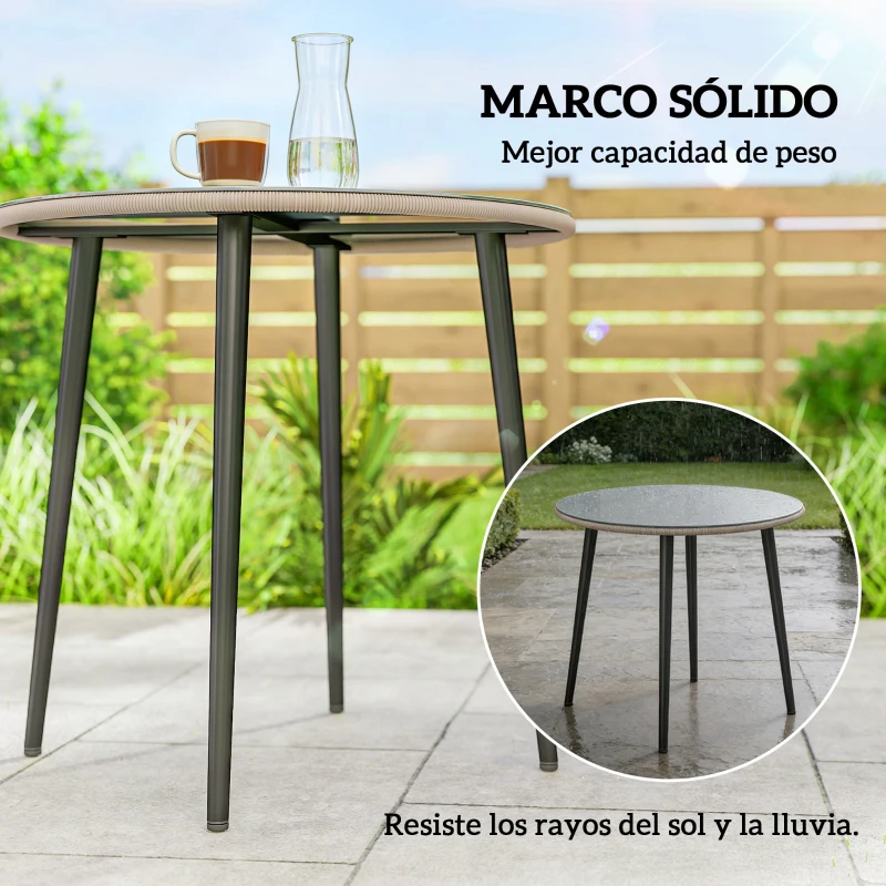 Outsunny Mesa de Comedor de Jardín con Tablero de Vidrio Templado con Borde de Ratán Estructura de Acero 80x80x74 cm Gris