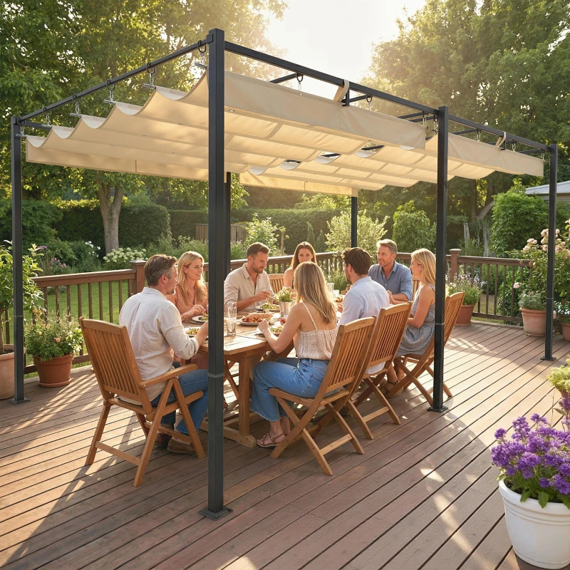 Outsunny Pergola 5,7 m x 2,95 m avec Toit Rétractable, Abri de Jardin avec Protection UV50+, Beige