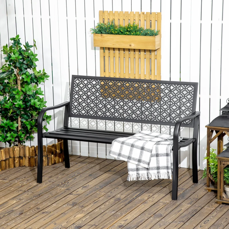 Outsunny Banc de jardin banc extérieur jardin en acier avec dossier à motif floral pour 2 personnes 127 x 63 x 83 cm noir
