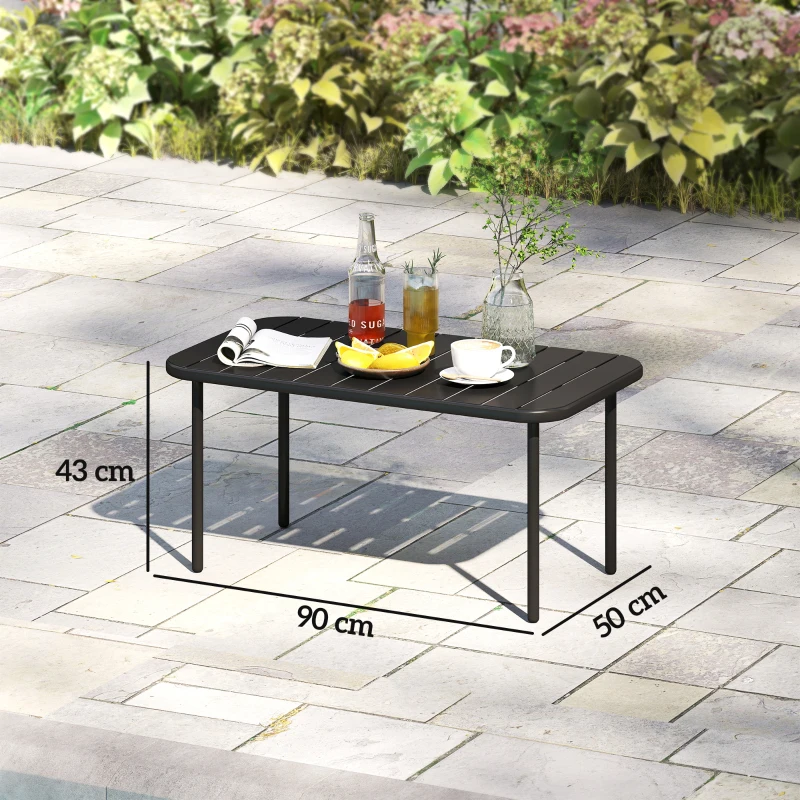 Outsunny Mesa auxiliar para exterior, mesa de patio metálica rectangular resistente a la intemperie con tablero de lamas para exteriores