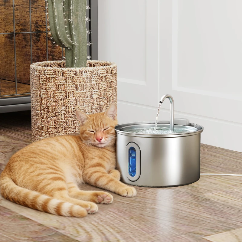 PawHut 2.5L Stainless Steel Cat Water Fountain for Drinking with Ultra-Silent Pump, Water-Level Window, 7 Filters