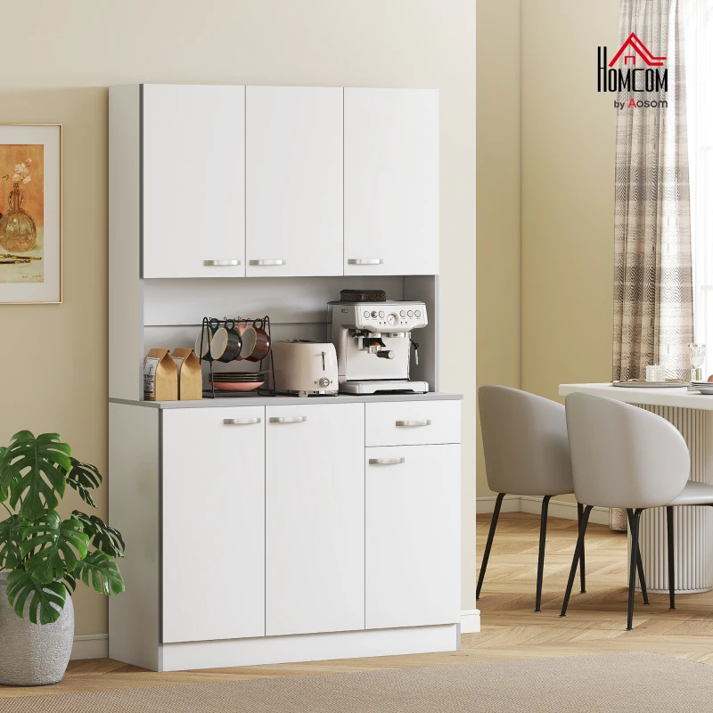 Kitchen Cupboard, Freestanding Kitchen Storage Cabinet with 6 Doors, Drawer, White