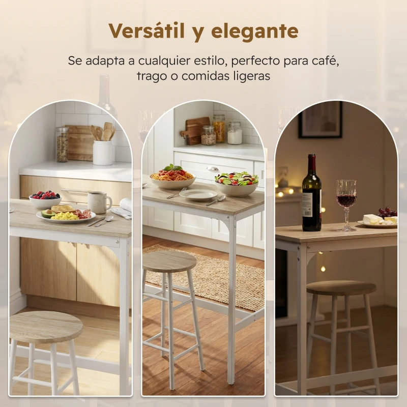 HOMCOM Mesa Alta de Cocina con Taburetes Marco de Acero Estilo Industrial Mesa Alta para Comedor Natural y Blanco