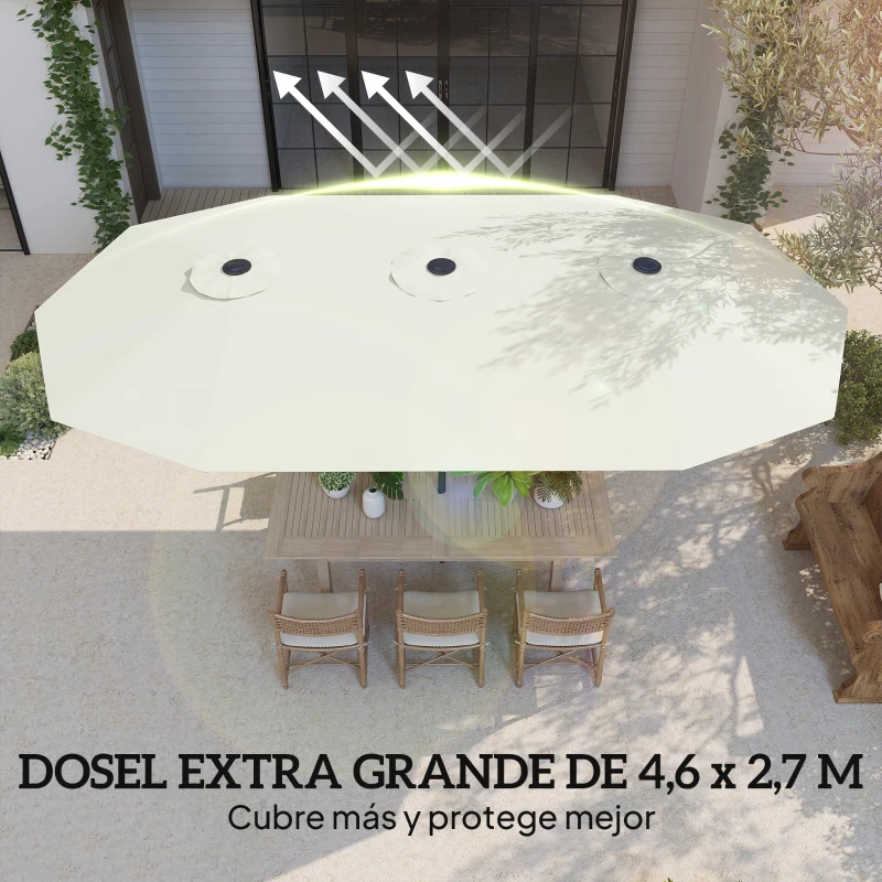 Outsunny Sombrilla Doble 4,6x2,6 m con Manivela y Protección UV50+, Blanco Crema