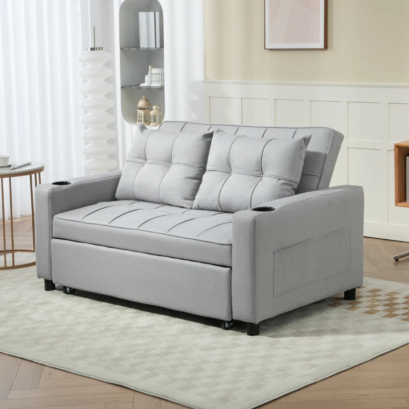 HOMCOM Two-Seater Pull-Out Sofa Bed - Light Grey