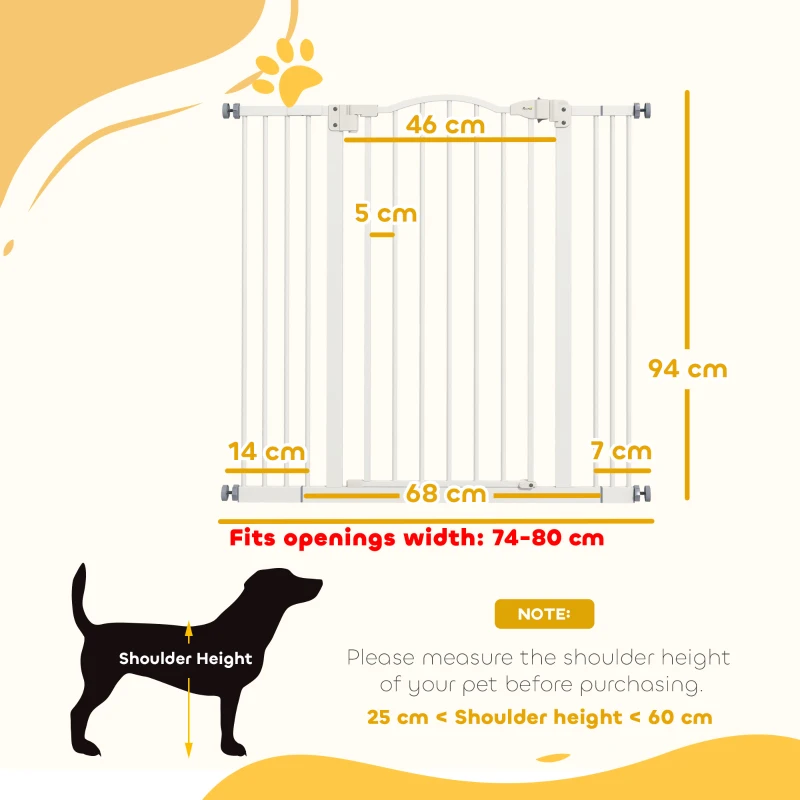 PawHut Pressure Fit Dog Stair Gate No Drilling Safety Gate Auto Close for Doorways, Hallways, 74-100cm Adjustable, 94cm Tall, White