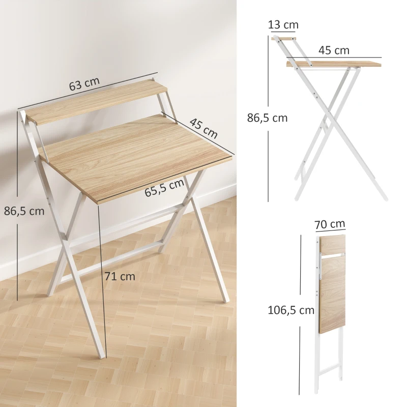 HOMCOM Bureau pliable 65,5 x 45 cm avec étagère de rangement pour chambre, petits espaces, bois naturel