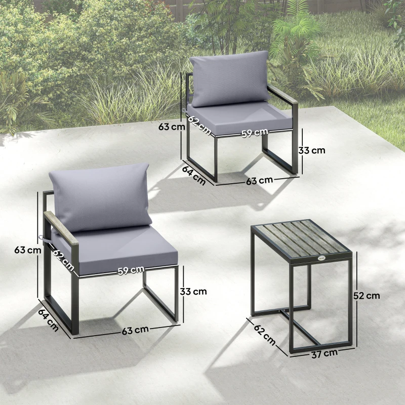 Outsunny Salon de jardin 3 pièces coussins 14cm et accoudoirs en composite bois-plastique 2 fauteuils et table d'appoint gris