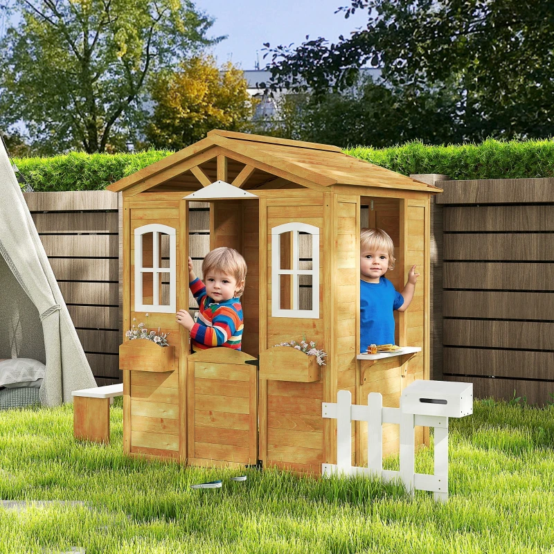 Outsunny Cabane de jeu pour enfant maison de jardin en bois porte et fenêtres, banc, boite aux lettres, clôture, de 3 à 6 ans