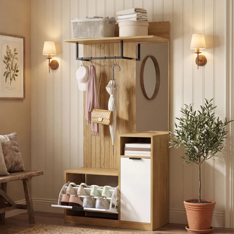 HOMCOM Meuble d'entrée 6 en 1, vestiaire d'entrée avec banc à chaussures rabattable, miroir, 80x37x168cm, chêne