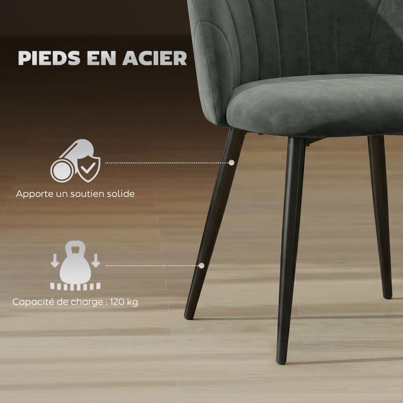 HOMCOM Lot de 2 chaises de salle à manger, chaises de cuisine rembourrées sans accoudoirs, pieds en acier, 52x55x79cm, gris