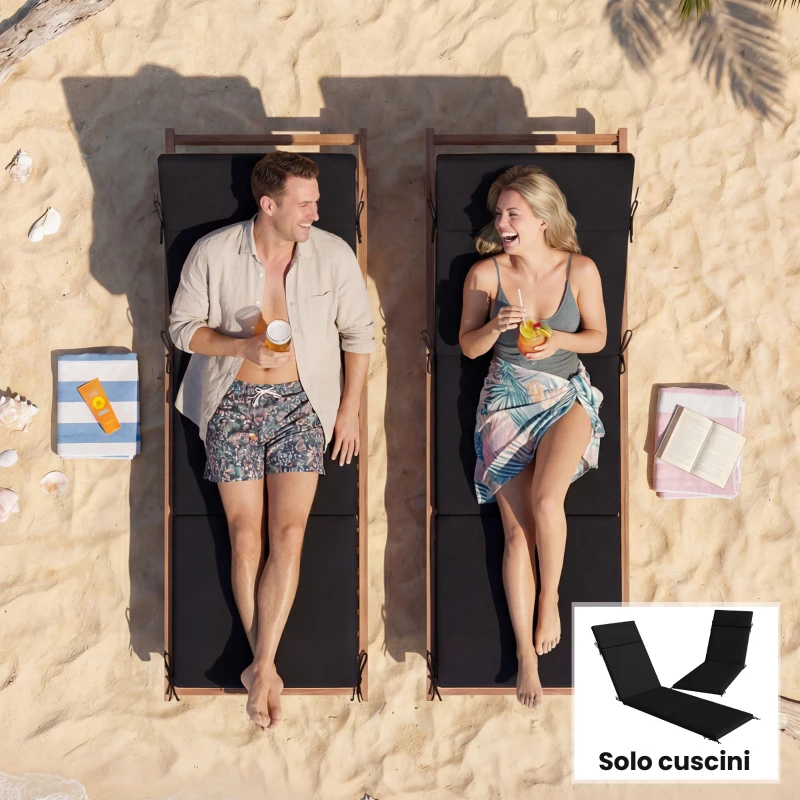 Outsunny Lot de 2 coussins pour chaises d'extérieur avec 6 attaches de fixation pour chaises longues bain de soleil jardin patio, 183x54x6.5 cm, UV30+, Noir et Blanc