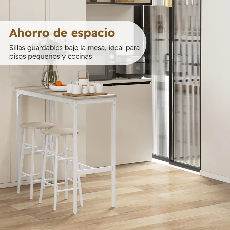 HOMCOM Mesa Alta de Cocina con Taburetes Marco de Acero Estilo Industrial Mesa Alta para Comedor Natural y Blanco