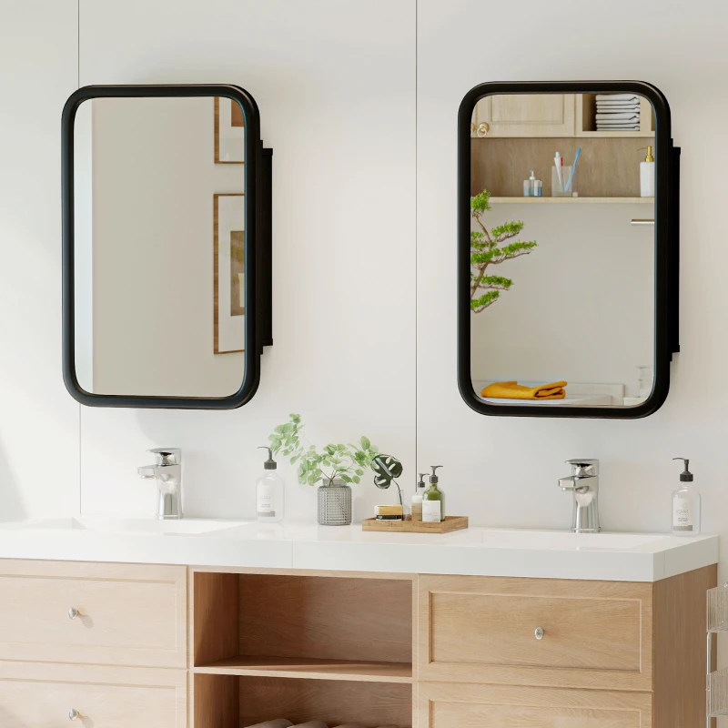 HOMCOM Bathroom Wall Cabinet with Tempered Mirror Metal Bathroom Mirror Cabinet with 3 Shelves Black