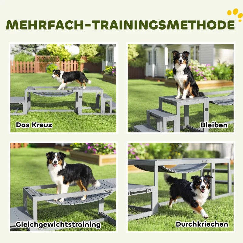 PawHut Hunde Agility Set 3-teiliges Set Agility-Ausrüstung mit Brücke, Treppe, Plattform, Tannenholz, 117 x 50 x 56 cm, Grau