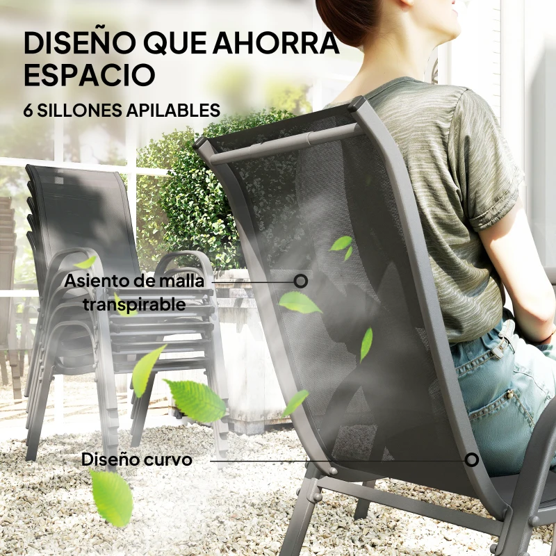 Outsunny Juego de Mesa y 6 Sillas para Terraza con Orificio para Sombrilla y Encimera de Cristal para Terraza Patio Gris