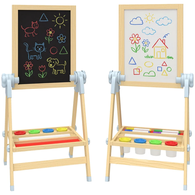 AIYAPLAY Cavalletto per Bambini Doppia Lavagna per Gesso e Pennarelli, Lavagnetta Magnetica e Rotolo di Carta, Legno
