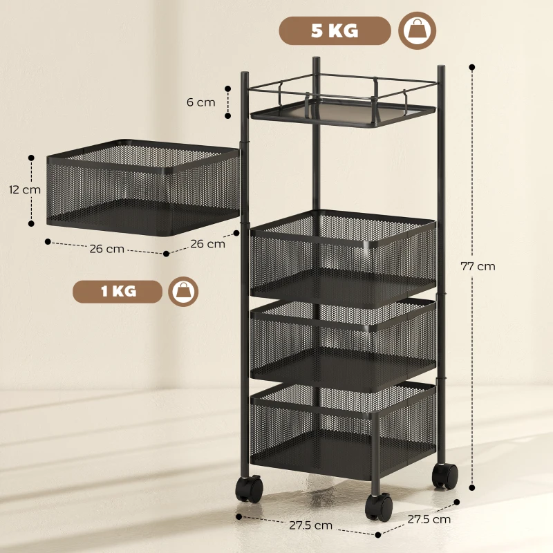 HOMCOM Cărucior de bucătărie pe roți, 5 nivele, cărucior de depozitare 4 coșuri rotative, raft, 27,5x27,5x77cm, negru