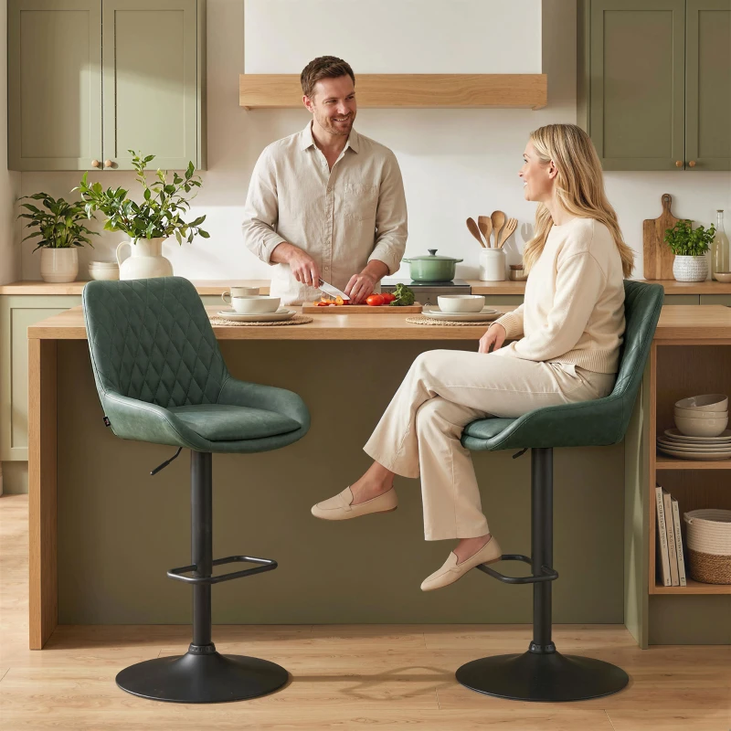 HOMCOM Retro Bar Stools Set of 2, Adjustable Kitchen Stool, Upholstered Bar Chairs with Back, Swivel Seat, Green