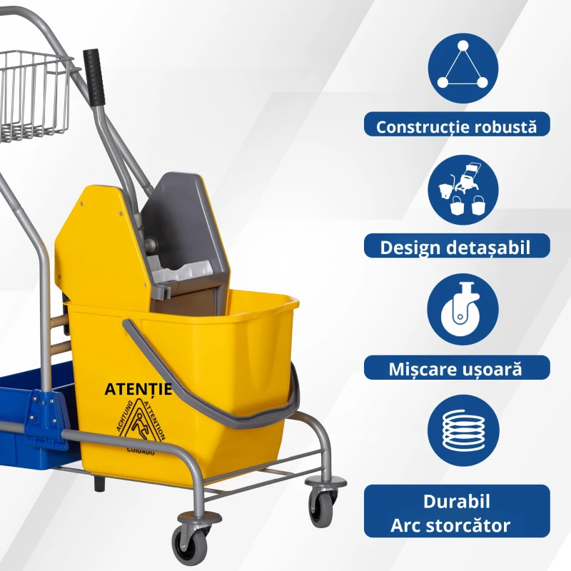 HOMCOM Cărucior Profesional de Curățenie cu Coș Suspendat, Raft, Găleată de 25 L și Cârlig, 72x49,5x95 cm, Galben