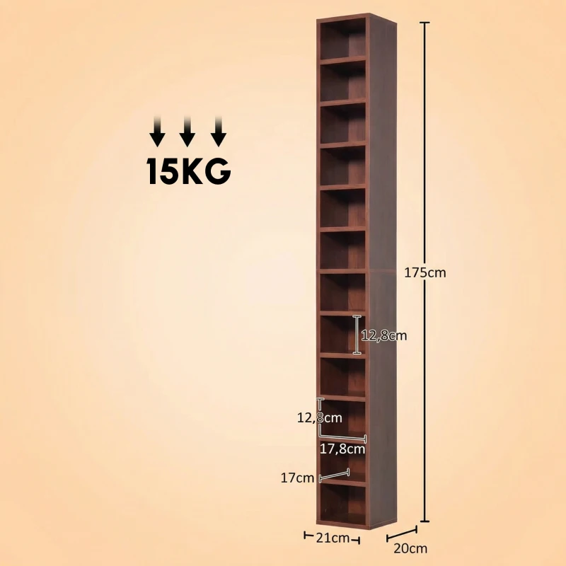 HOMCOM Rangements pour CD et DVD, étagère colonne de rangement, meuble de rangement avec 12 compartiments, capacité max. 204 CD, 21 x 20 x 175 cm, marron