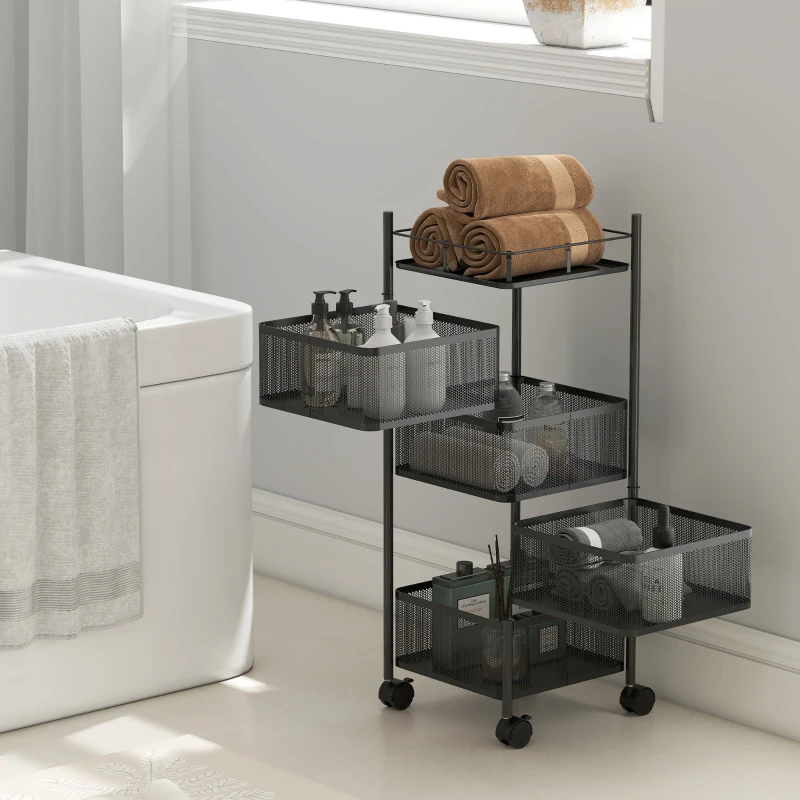 HOMCOM Cărucior de bucătărie pe roți, 5 nivele, cărucior de depozitare 4 coșuri rotative, raft, 27,5x27,5x77cm, negru