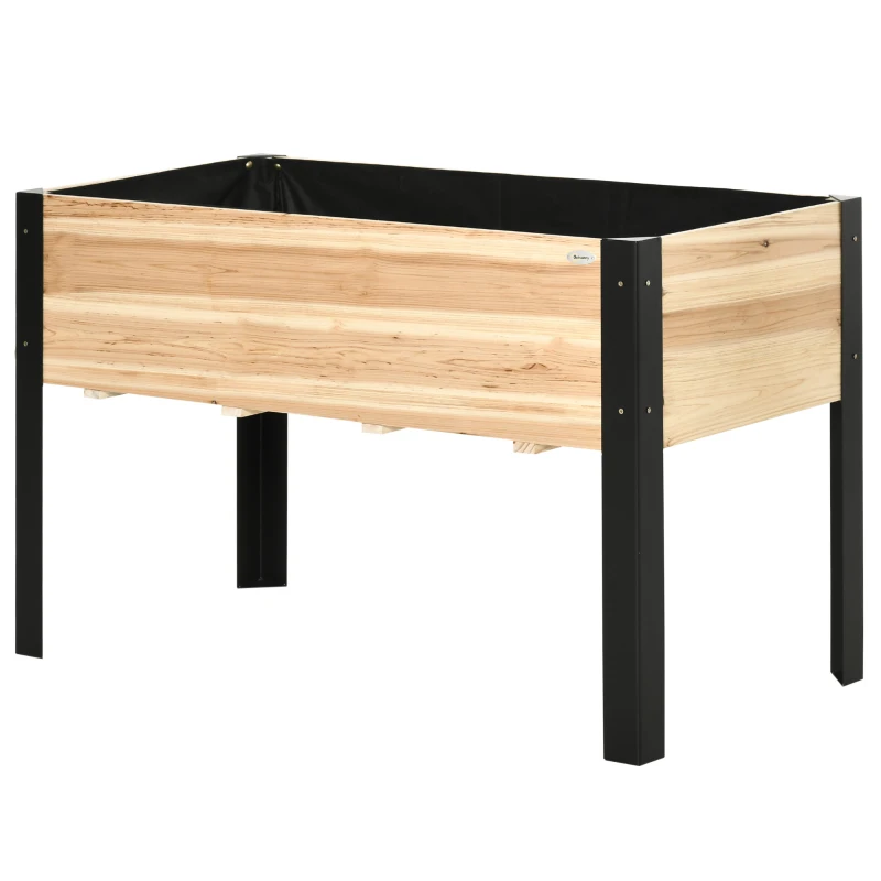 Outsunny Pat înalt de grădină, cutie pentru flori, ghiveci, pat pentru plante aromatice cu material nețesut, lemn masiv, oțel, Lemn natural+Negru 120 x 60 x 74 cm