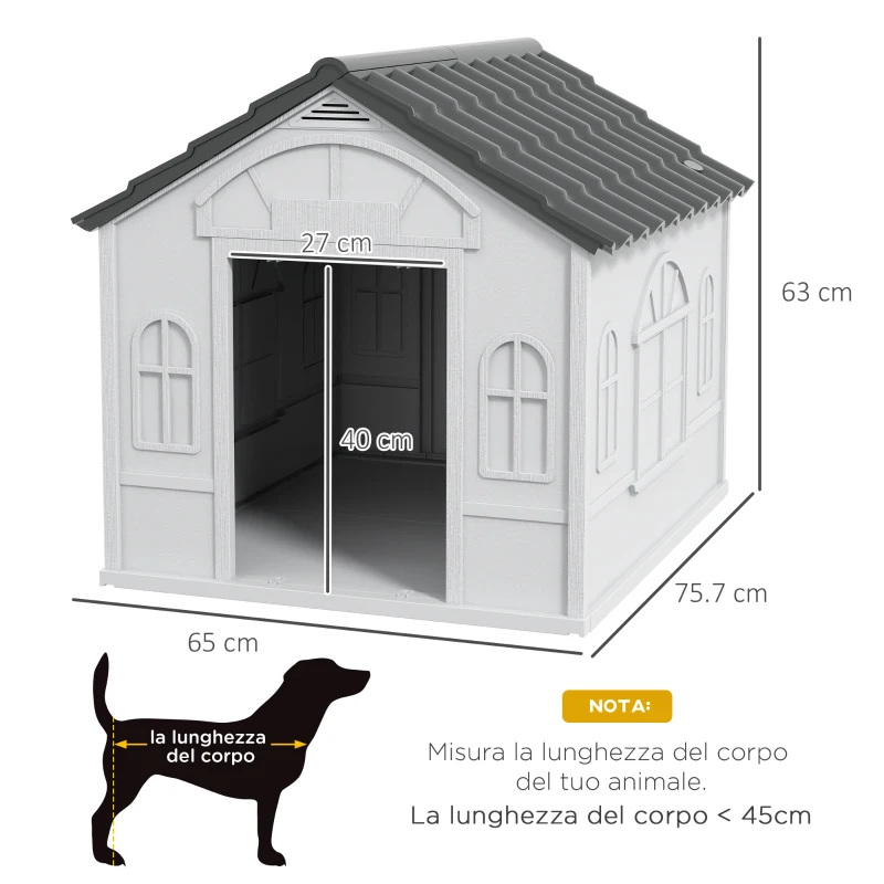PawHut Casetta per Cani in PP Impermeabile con Tetto Inclinato e Porta di Ingresso, 65x75.7x63 cm, Grigio