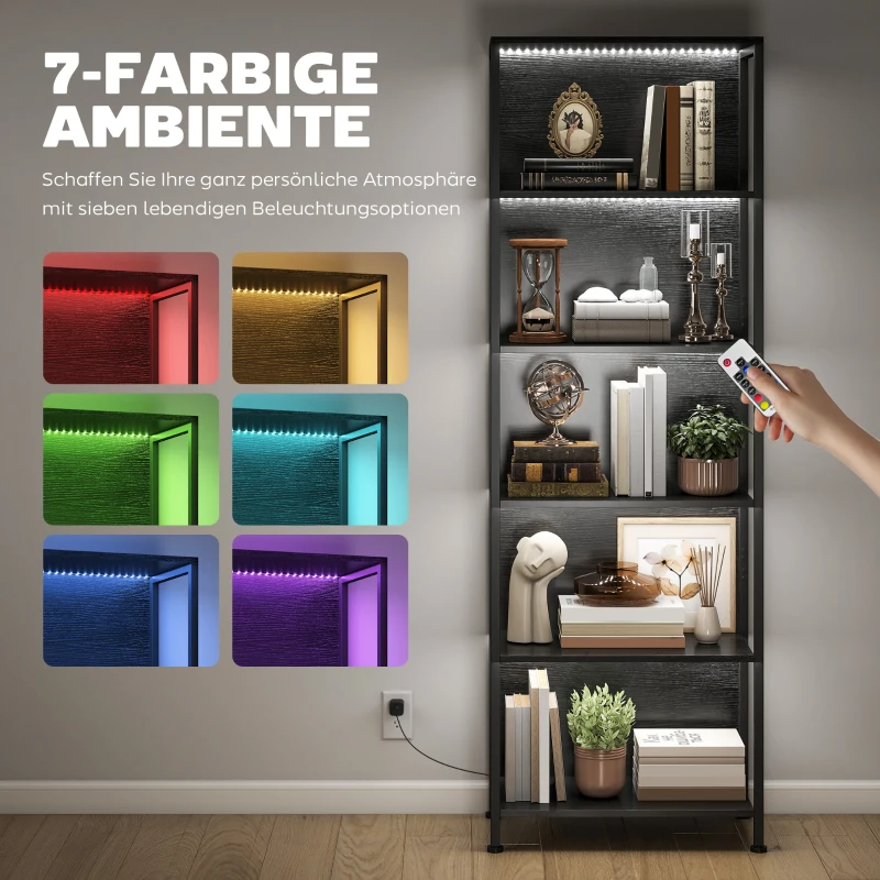 HOMCOM Bücherregal mit 5 Ebenen Standregal mit LED-Beleuchtung, 7 Lichtfarben, für Wohnzimmer, 60 x 30 x 179 cm Schwarz