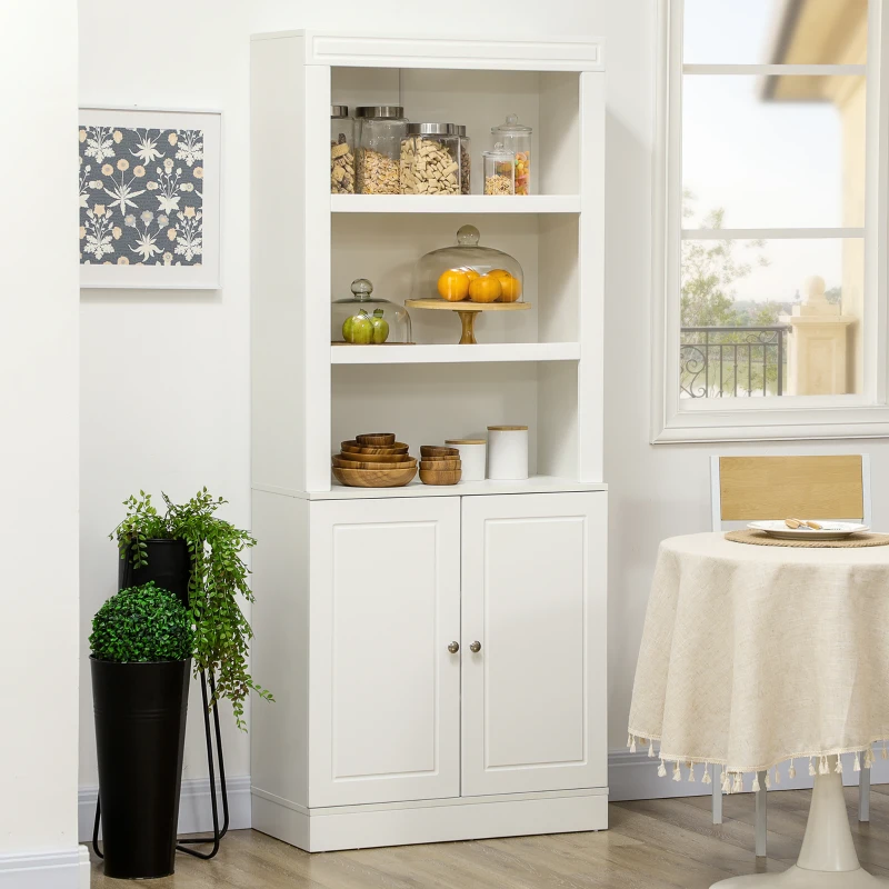 HOMCOM Kitchen Cupboard with 6-tier Shelving, Freestanding Storage Cabinet Sideboard, Pantry Cupboard with 3 Open Compartments and Double-door Cabinet with Adjustable Shelves, White