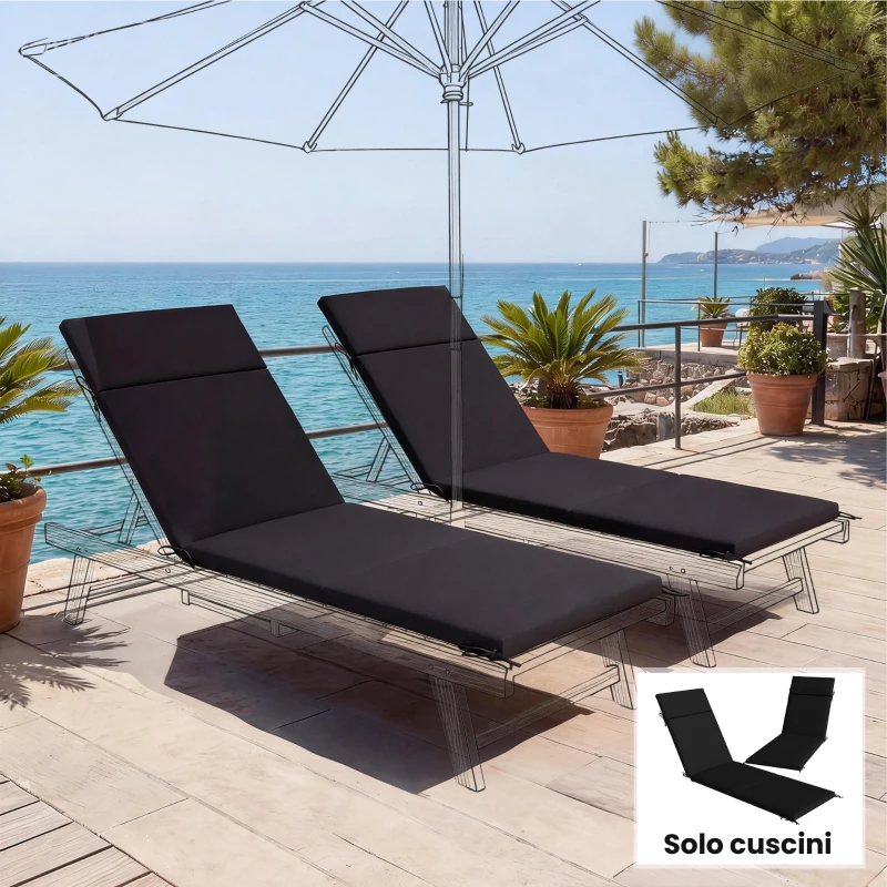 Outsunny Set 2 Cojines para Sillas de Exterior con 6 Lazos de Fijación para Tumbonas de Jardín Patio, 183x54x6.5 cm, UV30+, Negro y Blanco