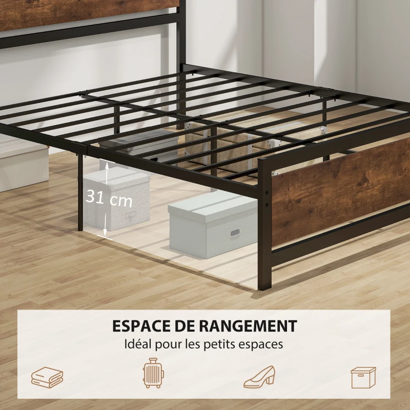 HOMCOM Cadre de lit double 200 x 160 cm en acier avec sommier et tête de lit compatible matelas aspect bois foncé