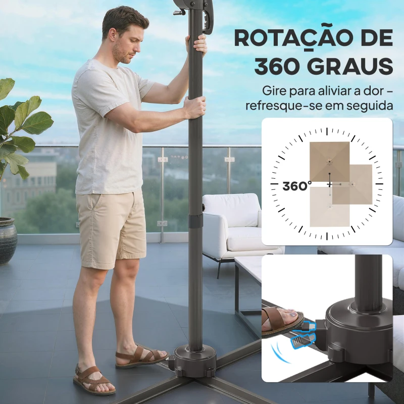 Outsunny Chapéu de Sol Excêntrico 2,9x2,9 m de Alumínio com Manivela Inclinação Ajustável Giratório 360° Base Cruzada e Capa Cáqui