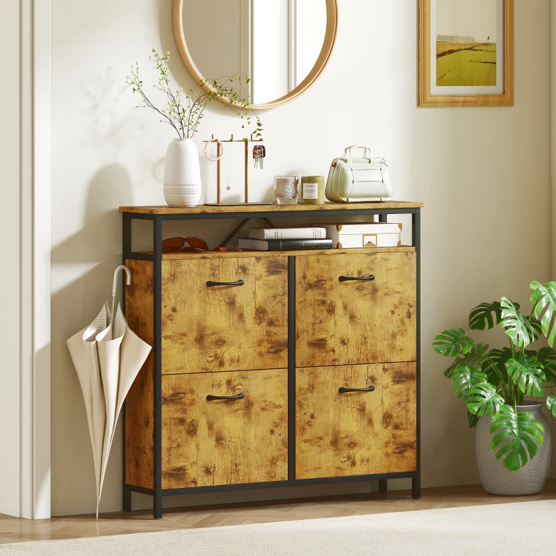 HOMCOM Shoe Storage Cabinet with 4 Flip Drawers and Open Shelf - Rustic Brown