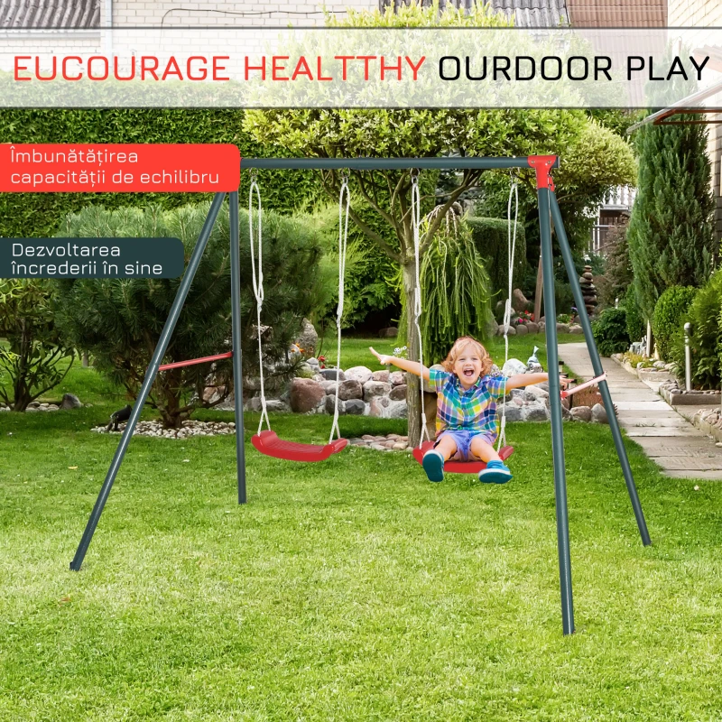 Outsunny Leagăn Dublu pentru Copii 3+ Ani cu Structură din Metal, Leagăn de Grădină cu Coardă Reglabilă, Joc de Exterior, Max 45 kg, 239x156x180 cm, Verde și Roșu