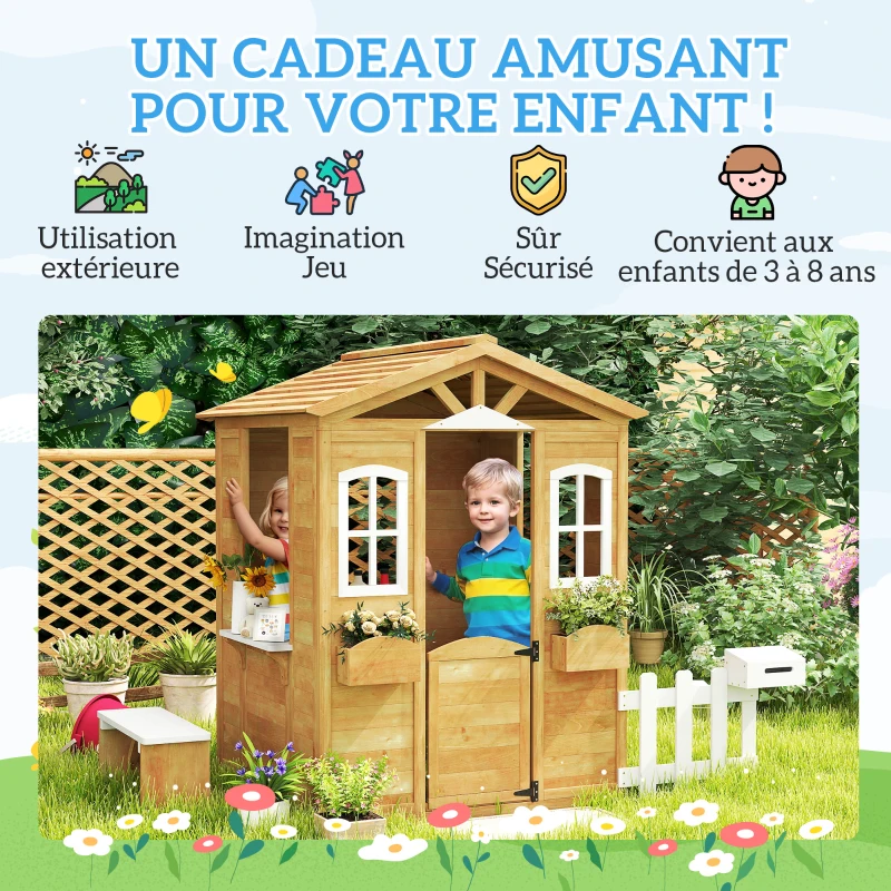 Outsunny Cabane de jeu pour enfant maison de jardin en bois porte et fenêtres, banc, boite aux lettres, clôture, de 3 à 6 ans