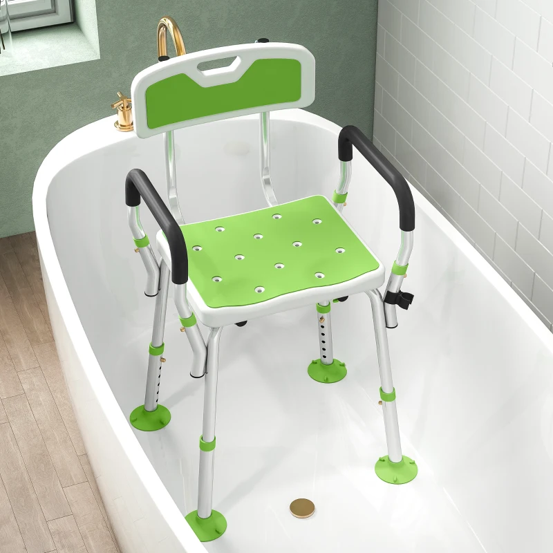 HOMCOM Shower stool shower chair ergonomic height adjustable non-slip feet 56.5 x 53.5 x 87 cm white and green