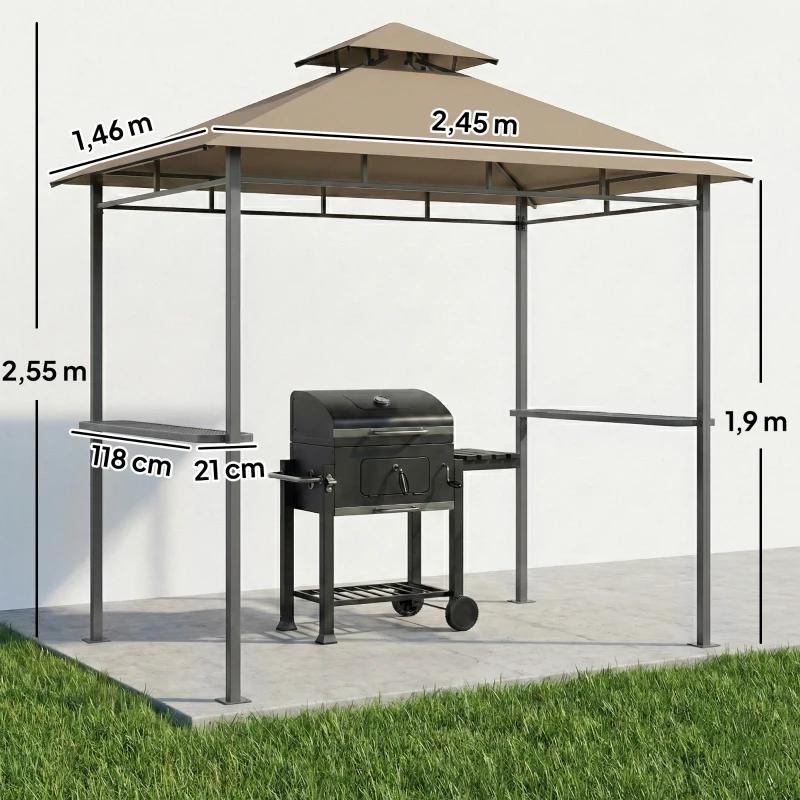 Outsunny Cobertizo para barbacoa exterior, pérgola de jardín 245x146x255 cm en metal, doble techo, 2 estantes laterales, marrón