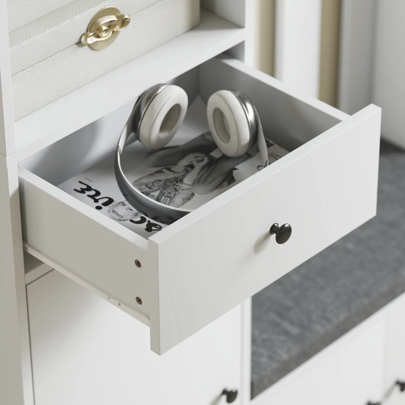 HOMCOM Dulap pentru hol 180 cm cu suport pentru haine, bancă pentru încălțăminte, 4 cârlige, polițe deschise, MDF, Alb