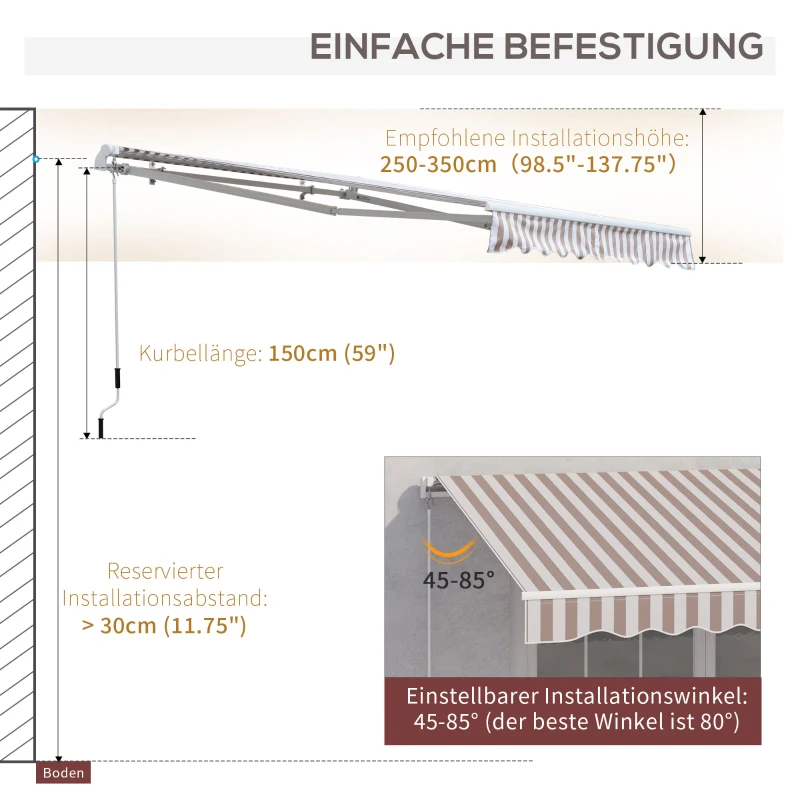 Outsunny Markiză cu manivelă, markiză cu braț articulat, protecție solară, montare pe perete, balcon, Alu Berge 300 x 250 cm