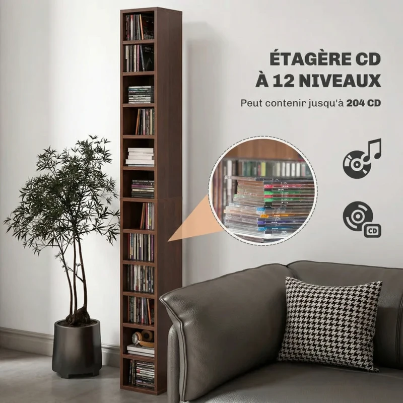 HOMCOM Rangements pour CD et DVD, étagère colonne de rangement, meuble de rangement avec 12 compartiments, capacité max. 204 CD, 21 x 20 x 175 cm, marron