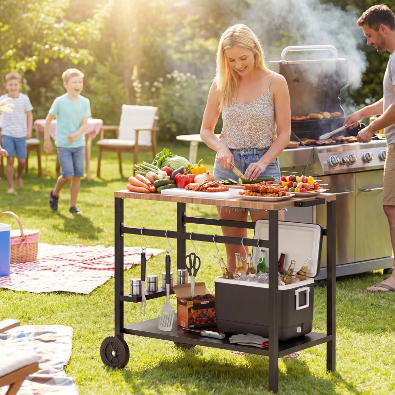 Outsunny Keukenwagen met wielen, serveerwagen, trolley met haken, bekerhouder, metaal, 97 x 51 x 83 cm Zwart+Bruin