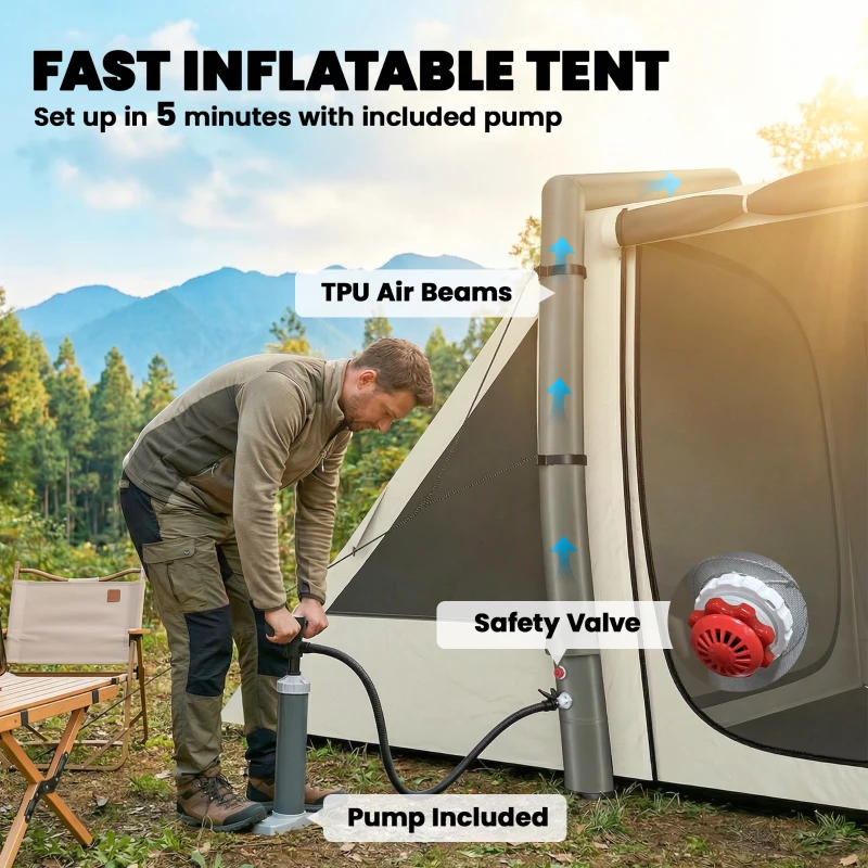 Outsunny Opblaasbare Tent 6 Personen Snelle Opbouw Outdoor Tent voor Kamperen met 2 Slaapkamers Veranda Ramen