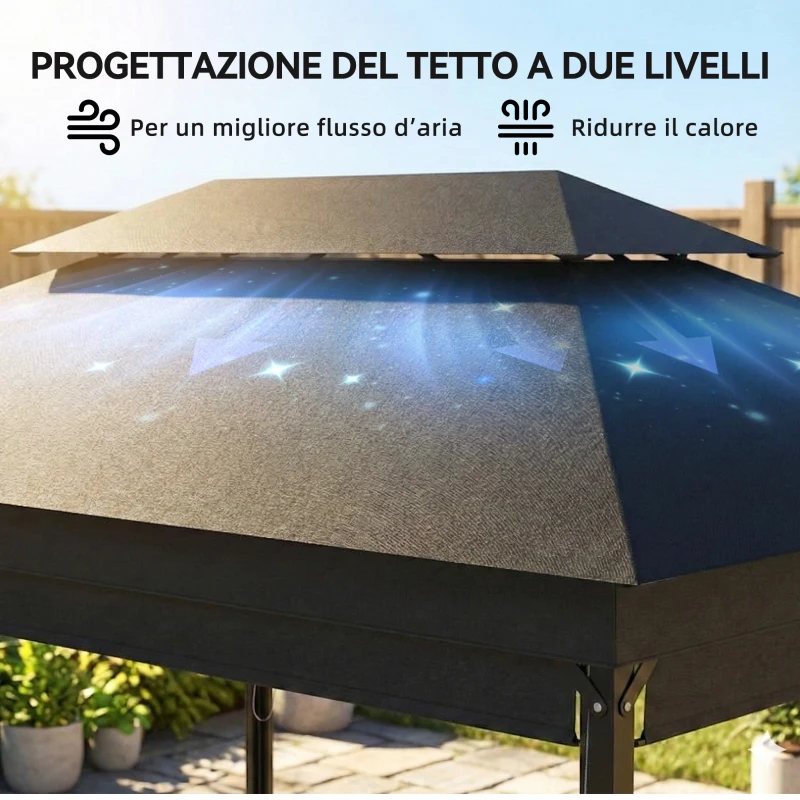 Outsunny Gazebo da Giardino 4x3 m con Tende Laterali, Doppio Tetto, Fori di Drenaggio, Grigio Scuro