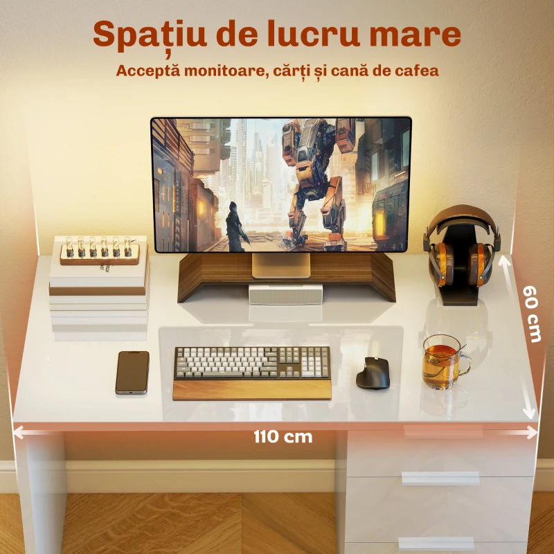 HOMCOM Birou Compact, 110x61.5x75 cm, Birou Modern cu 4 Sertare, Masă pentru Computer, pentru Acasă, Studiu, Cameră sau Birou, Alb Lucios