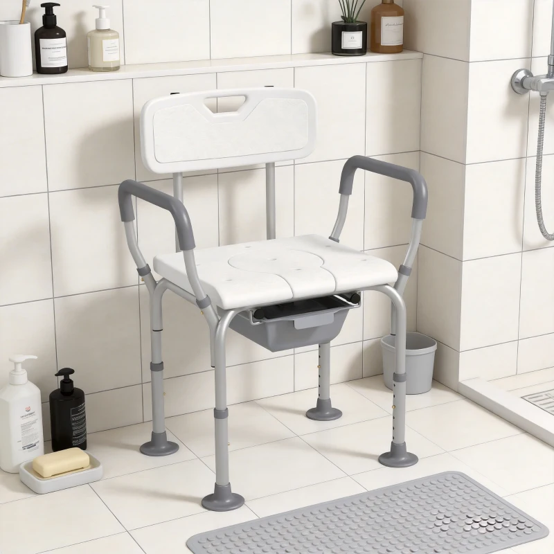 HOMCOM Height Adjustable Shower Stool with Arms and Back, Non-Slip Bedside Commode with Detachable Bucket for Elderly, White