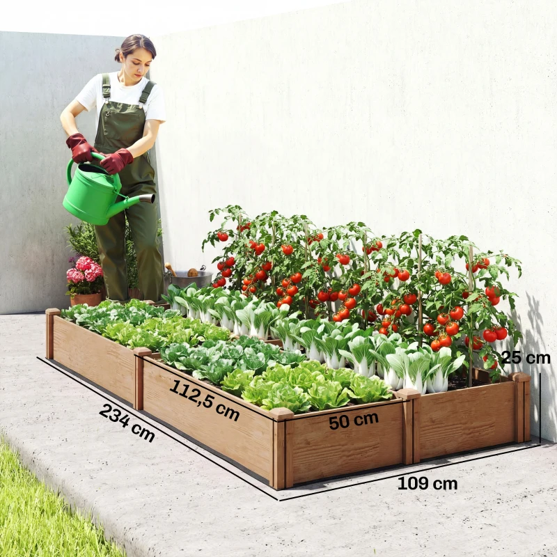 Outsunny Pat de grădină pătrat din lemn, 4 zone de cultură, fond deschis, montaj fără unelte, 234x109x25cm, maro deschis