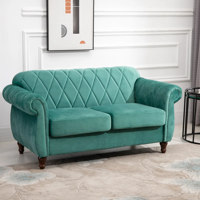 HOMCOM Divano 2 Posti Design Vintage Rétro in Legno e Velluto, 148x72x76 cm, Verde