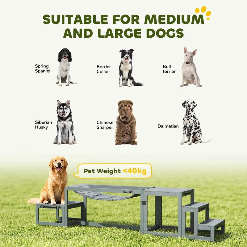 PawHut 3 Pieces Wooden Dog Agility Training Equipment with Soft Bridge, Pause Platform and Pet Stair for Outdoor, Grey