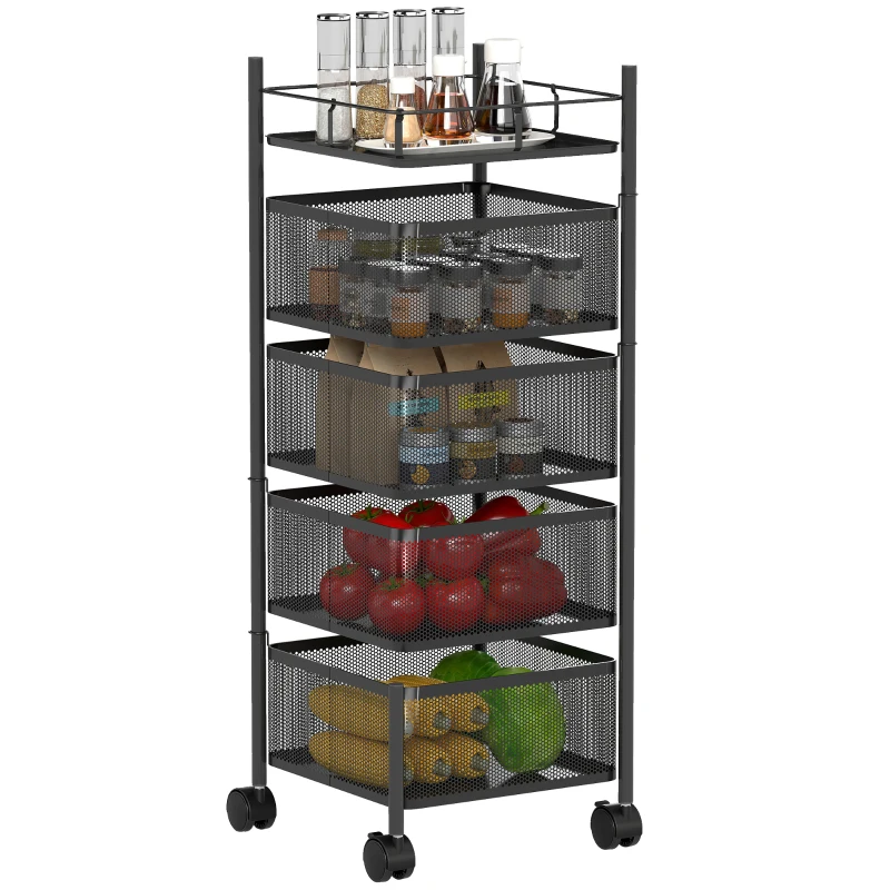 HOMCOM Cărucior de bucătărie pe roți, 5 nivele, cărucior de depozitare 4 coșuri rotative, raft, 27,5x27,5x77cm, negru